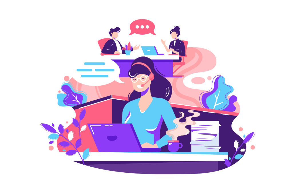 Flat young woman employee calls within office. Concept businessman and businesswoman characters at work, staff relationship. V