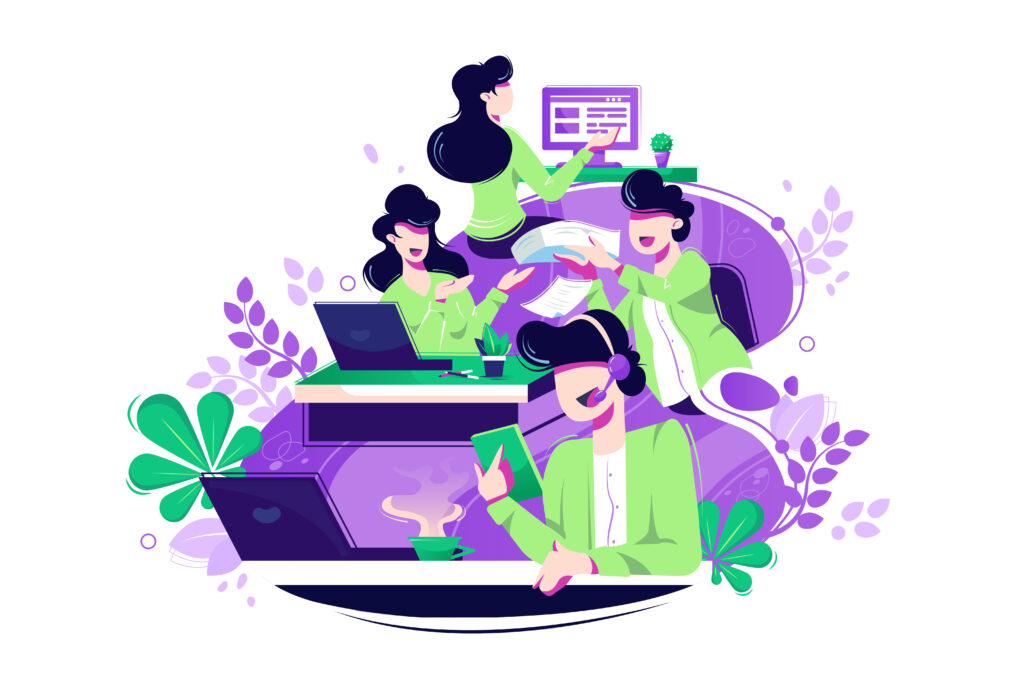 Flat young woman and man colleagues with laptop and headphones at call center. Concept businessman and businesswoman characters with formal suit, support service. Vector illustration.